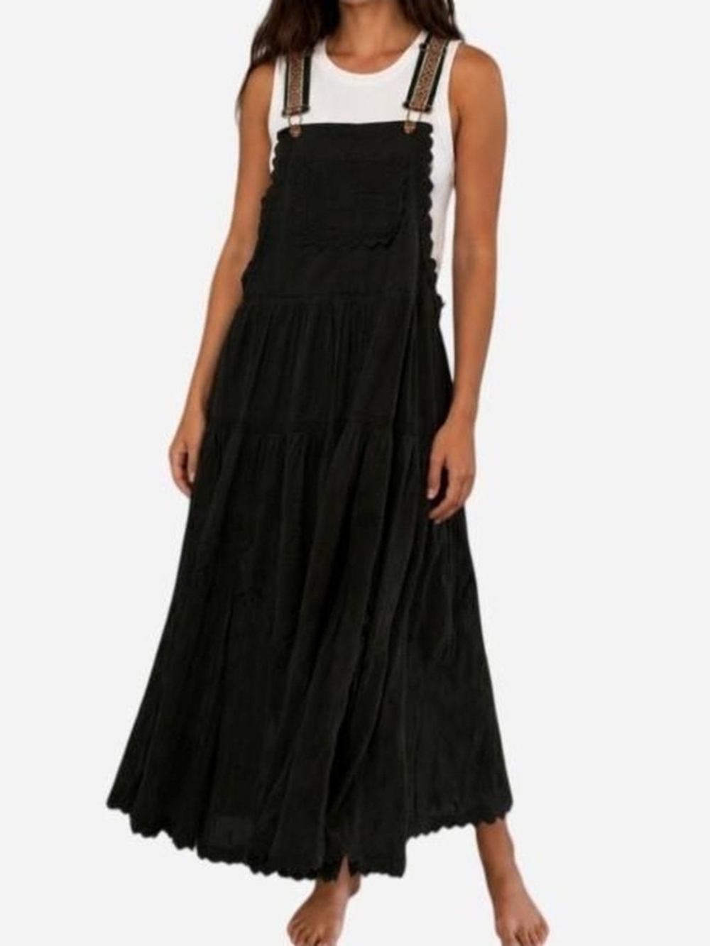 Black Maxi Pinafore Dress with Embroidered Straps
